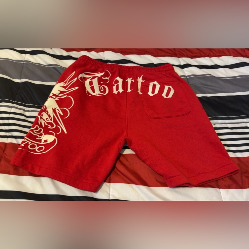 Ed Hardy Red Men’s Athletic Shorts with Tiger & Eagle Graphics - Picture 3 of 4